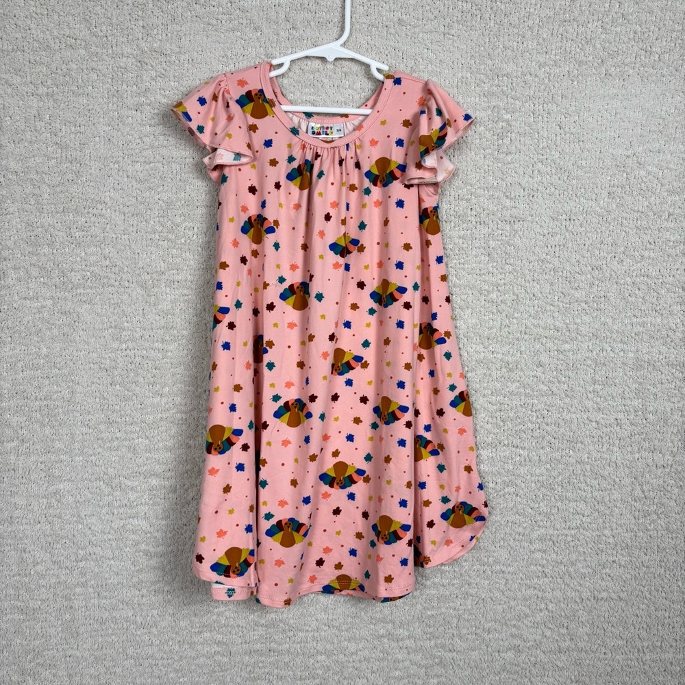 Dot Dot Smile Girls Dress 5/6 Pink Fall Turkey Flutter Cap Sleeve Swing Dress